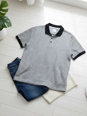 Brave Soul London Men’s XXL Black White Geometric Polo Shirt